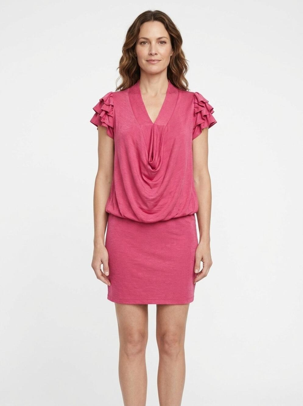 BCBGMAXAZRIA Runway Pink Cowl Neck Ruffle Sleeve Blouson Dress Women Size S